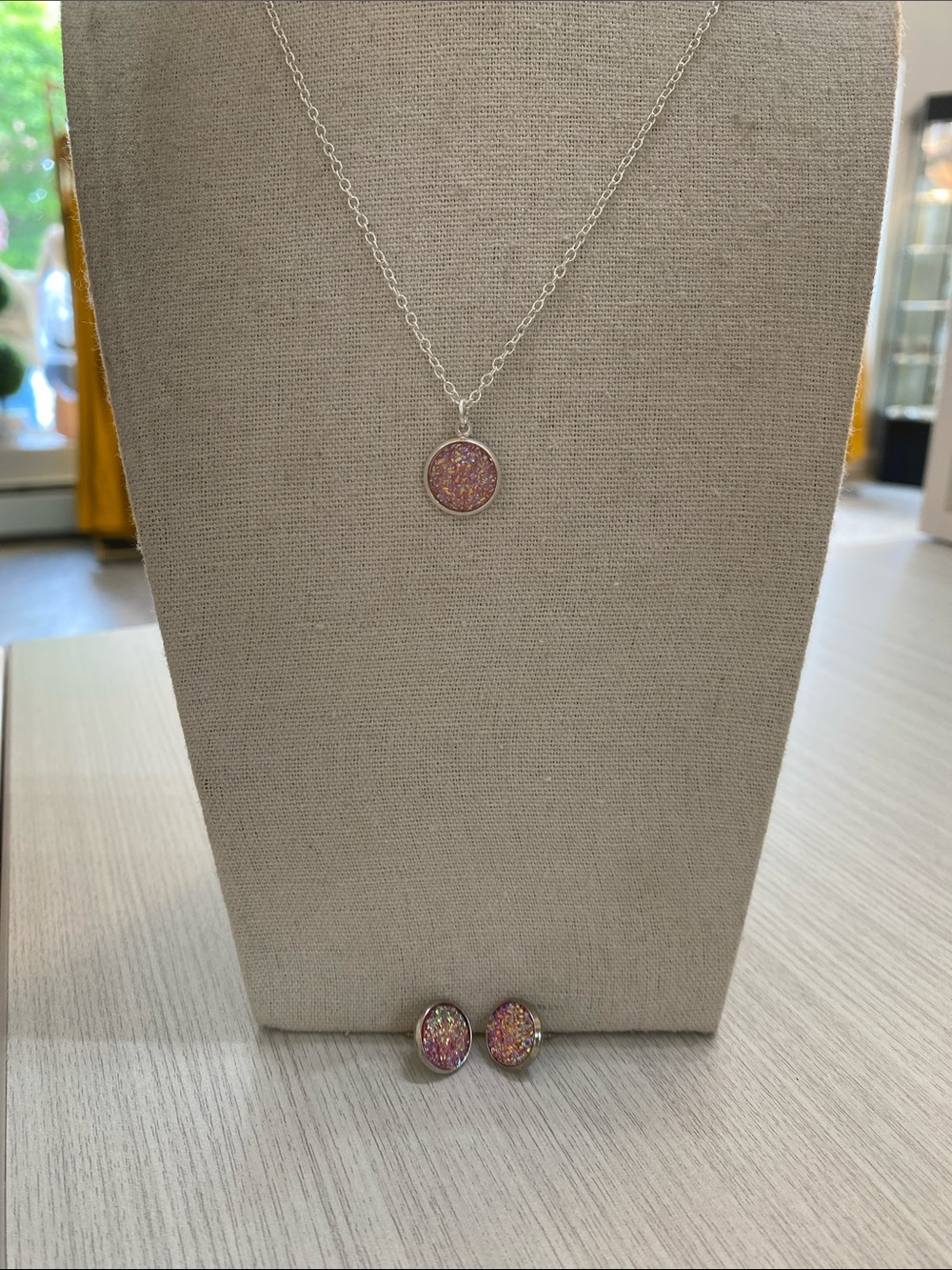 Silver Necklace and Stud Earrings Set with Pink Druzy Accents